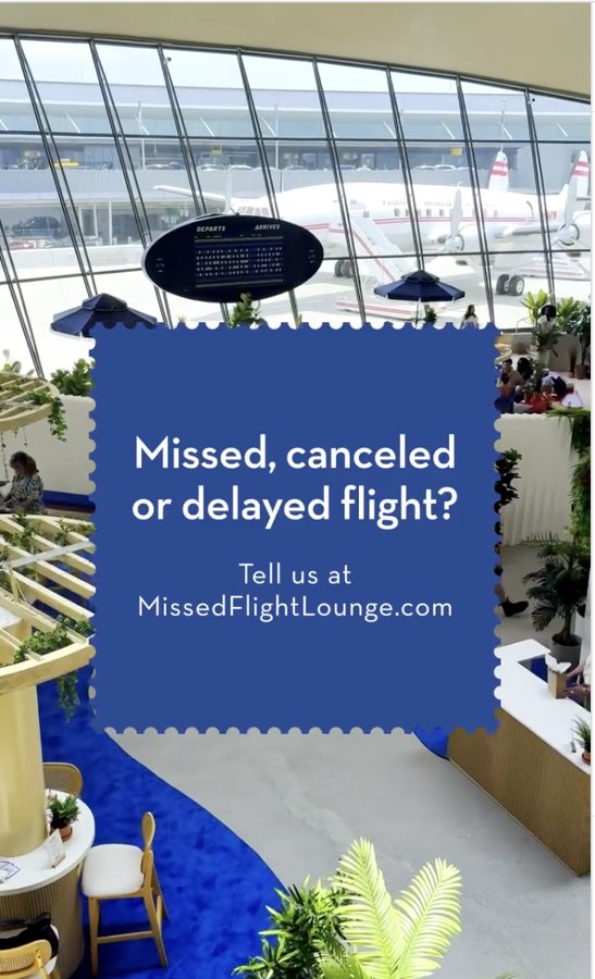 The Cayman Club at the airport: a lounge with a sign reading “Missed, canceled or delayed flight? Tell us at MissedFlightLounge.com”.
